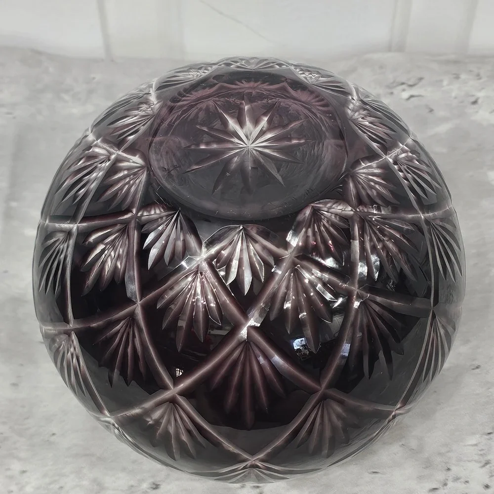 Vintage Amethyst Purple Cut to Clear Glass Rose Bowl Fan Starburst 4.5 inch